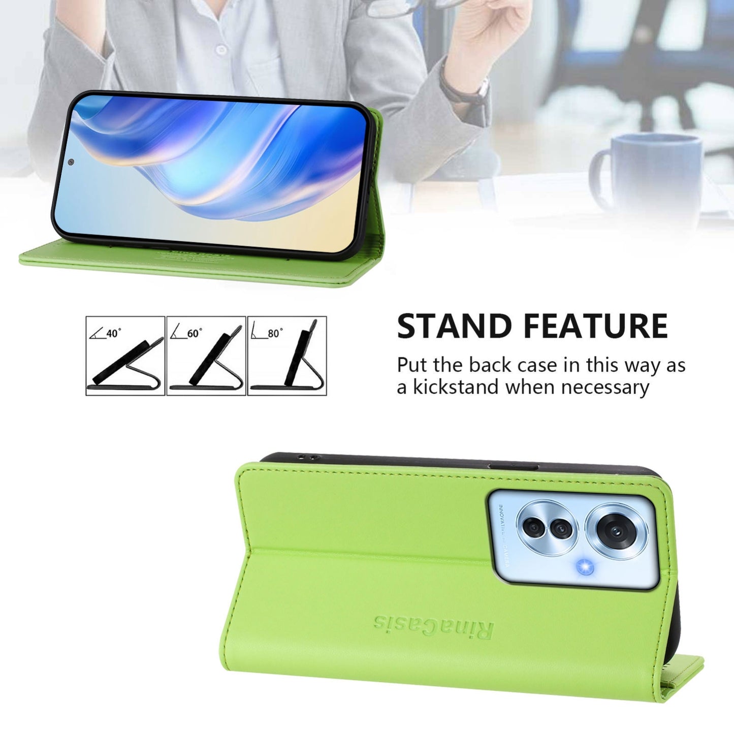 OPPO Reno11 F 5G Dual-Folded Magnetic Suction RFID Blocking PU Leather Wallet Phone Case with Card Slots, Cash Pocket, Kickstand, Full Protective Flip Cover