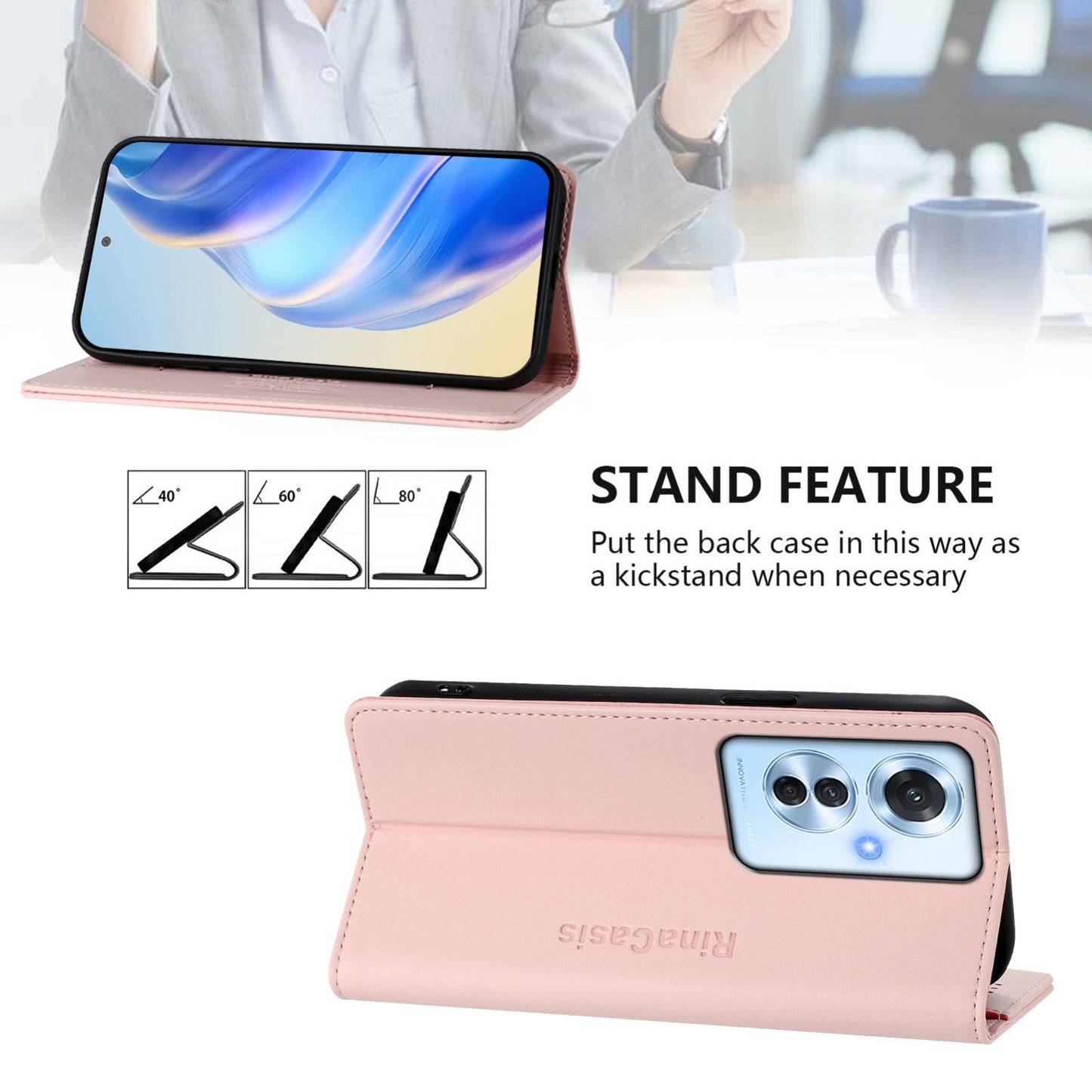 OPPO Reno11 F 5G Dual-Folded Magnetic Suction RFID Blocking PU Leather Wallet Phone Case with Card Slots, Cash Pocket, Kickstand, Full Protective Flip Cover