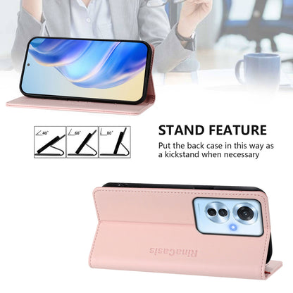 OPPO Reno11 F 5G Dual-Folded Magnetic Suction RFID Blocking PU Leather Wallet Phone Case with Card Slots, Cash Pocket, Kickstand, Full Protective Flip Cover