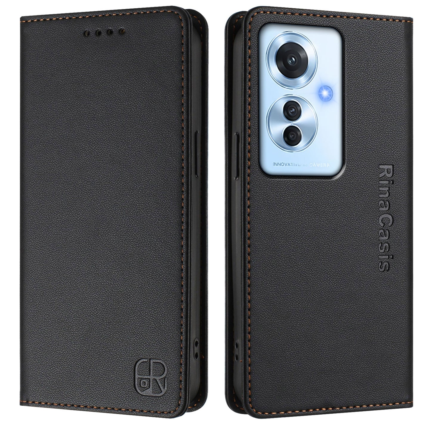 OPPO Reno11 F 5G Dual-Folded Magnetic Suction RFID Blocking PU Leather Wallet Phone Case with Card Slots, Cash Pocket, Kickstand, Full Protective Flip Cover