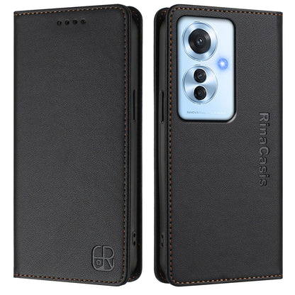 OPPO Reno11 F 5G Dual-Folded Magnetic Suction RFID Blocking PU Leather Wallet Phone Case with Card Slots, Cash Pocket, Kickstand, Full Protective Flip Cover