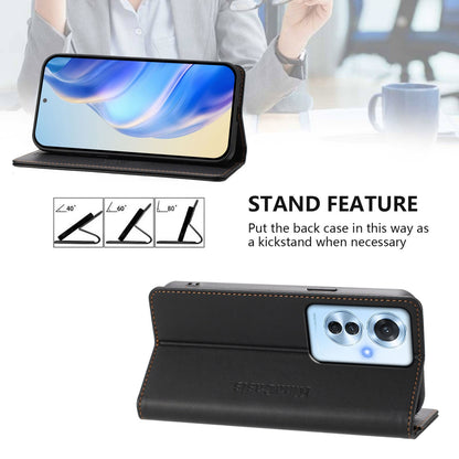 OPPO Reno11 F 5G Dual-Folded Magnetic Suction RFID Blocking PU Leather Wallet Phone Case with Card Slots, Cash Pocket, Kickstand, Full Protective Flip Cover