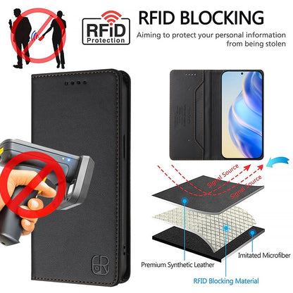 OPPO Reno11 F 5G Dual-Folded Magnetic Suction RFID Blocking PU Leather Wallet Phone Case with Card Slots, Cash Pocket, Kickstand, Full Protective Flip Cover