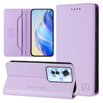OPPO Reno11 F 5G Dual-Folded Magnetic Suction RFID Blocking PU Leather Wallet Phone Case with Card Slots, Cash Pocket, Kickstand, Full Protective Flip Cover