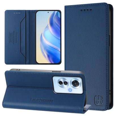 OPPO Reno11 F 5G Dual-Folded Magnetic Suction RFID Blocking PU Leather Wallet Phone Case with Card Slots, Cash Pocket, Kickstand, Full Protective Flip Cover