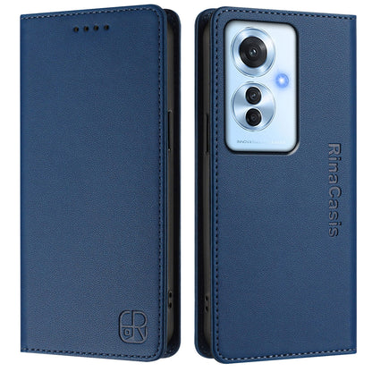 OPPO Reno11 F 5G Dual-Folded Magnetic Suction RFID Blocking PU Leather Wallet Phone Case with Card Slots, Cash Pocket, Kickstand, Full Protective Flip Cover