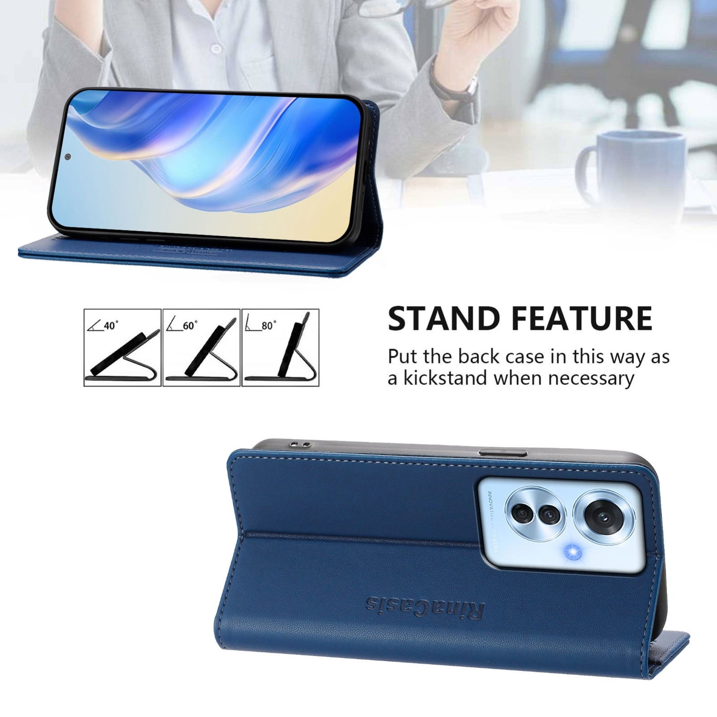 OPPO Reno11 F 5G Dual-Folded Magnetic Suction RFID Blocking PU Leather Wallet Phone Case with Card Slots, Cash Pocket, Kickstand, Full Protective Flip Cover