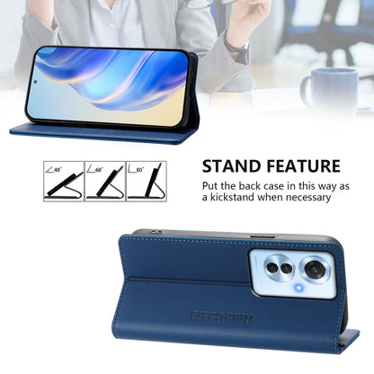 OPPO Reno11 F 5G Dual-Folded Magnetic Suction RFID Blocking PU Leather Wallet Phone Case with Card Slots, Cash Pocket, Kickstand, Full Protective Flip Cover