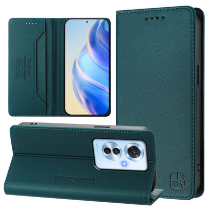 OPPO Reno11 F 5G Dual-Folded Magnetic Suction RFID Blocking PU Leather Wallet Phone Case with Card Slots, Cash Pocket, Kickstand, Full Protective Flip Cover