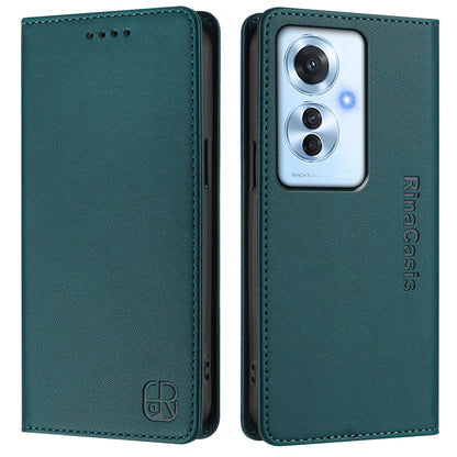 OPPO Reno11 F 5G Dual-Folded Magnetic Suction RFID Blocking PU Leather Wallet Phone Case with Card Slots, Cash Pocket, Kickstand, Full Protective Flip Cover