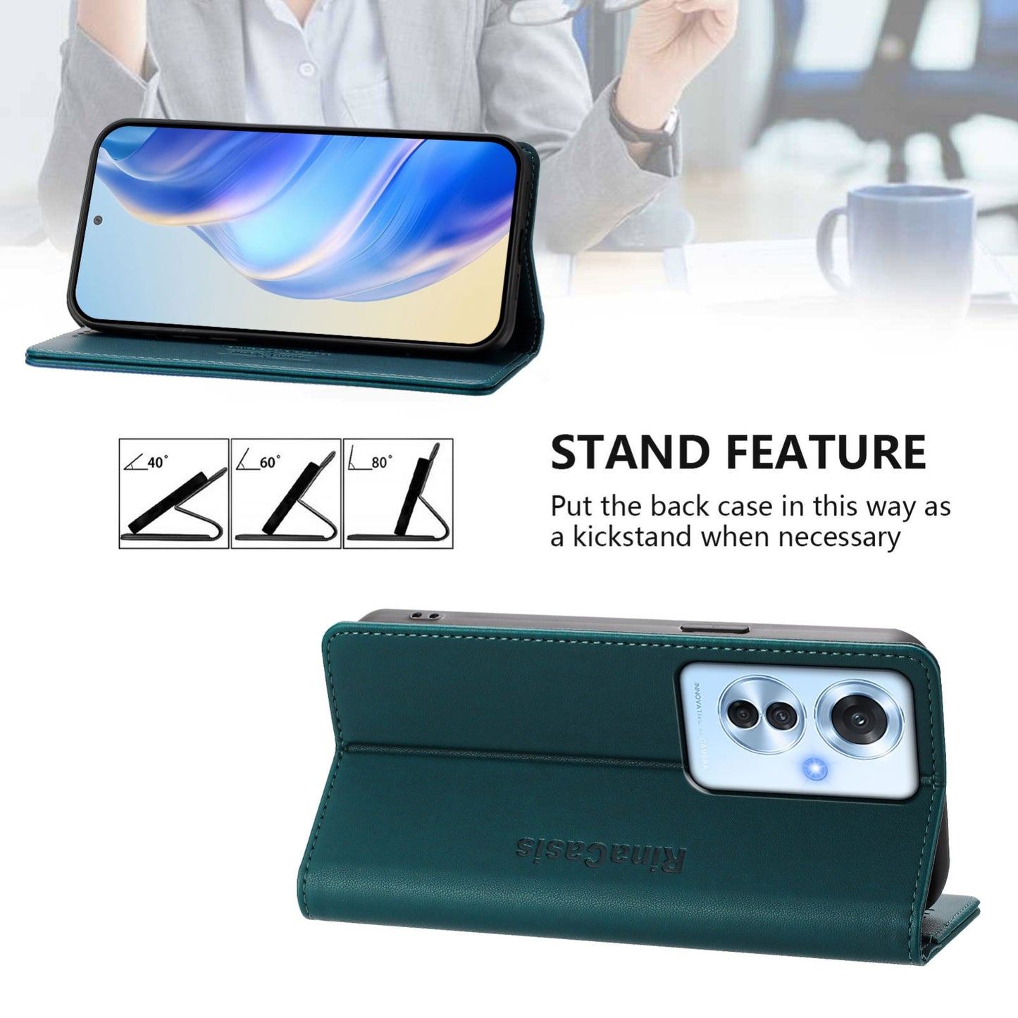 OPPO Reno11 F 5G Dual-Folded Magnetic Suction RFID Blocking PU Leather Wallet Phone Case with Card Slots, Cash Pocket, Kickstand, Full Protective Flip Cover