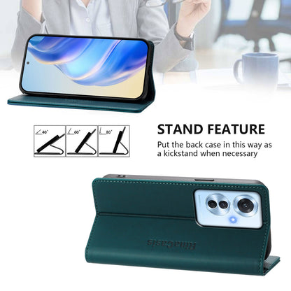 OPPO Reno11 F 5G Dual-Folded Magnetic Suction RFID Blocking PU Leather Wallet Phone Case with Card Slots, Cash Pocket, Kickstand, Full Protective Flip Cover