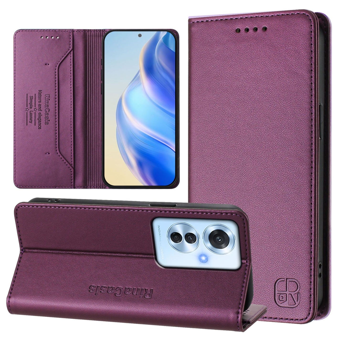 OPPO Reno11 F 5G Dual-Folded Magnetic Suction RFID Blocking PU Leather Wallet Phone Case with Card Slots, Cash Pocket, Kickstand, Full Protective Flip Cover