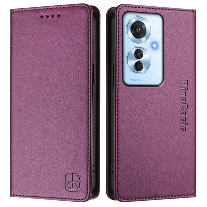 OPPO Reno11 F 5G Dual-Folded Magnetic Suction RFID Blocking PU Leather Wallet Phone Case with Card Slots, Cash Pocket, Kickstand, Full Protective Flip Cover