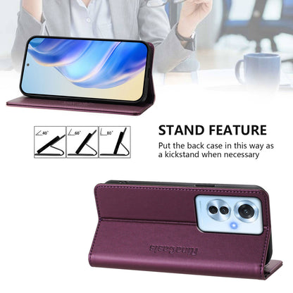 OPPO Reno11 F 5G Dual-Folded Magnetic Suction RFID Blocking PU Leather Wallet Phone Case with Card Slots, Cash Pocket, Kickstand, Full Protective Flip Cover