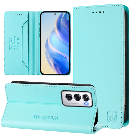 OPPO Reno12 5G Dual-Folded Magnetic Suction RFID Blocking PU Leather Wallet Phone Case with Card Slots, Cash Pocket, Kickstand, Full Protective Flip Cover