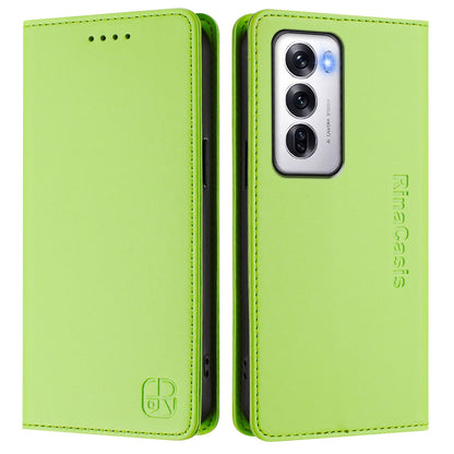 OPPO Reno12 5G Dual-Folded Magnetic Suction RFID Blocking PU Leather Wallet Phone Case with Card Slots, Cash Pocket, Kickstand, Full Protective Flip Cover