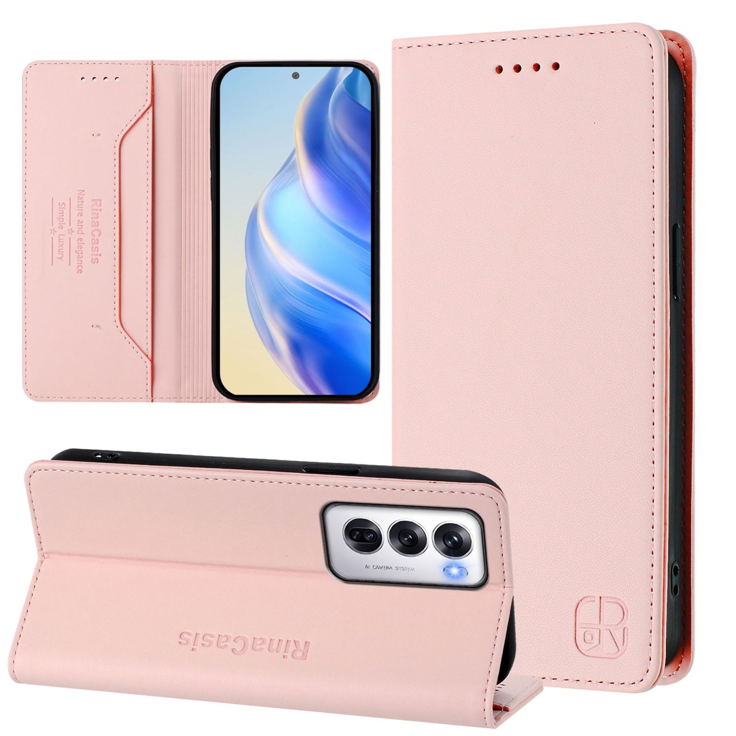 OPPO Reno12 5G Dual-Folded Magnetic Suction RFID Blocking PU Leather Wallet Phone Case with Card Slots, Cash Pocket, Kickstand, Full Protective Flip Cover