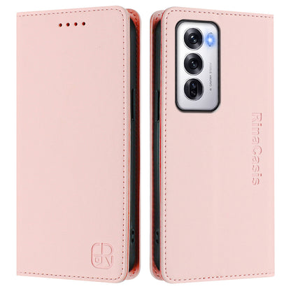 OPPO Reno12 5G Dual-Folded Magnetic Suction RFID Blocking PU Leather Wallet Phone Case with Card Slots, Cash Pocket, Kickstand, Full Protective Flip Cover