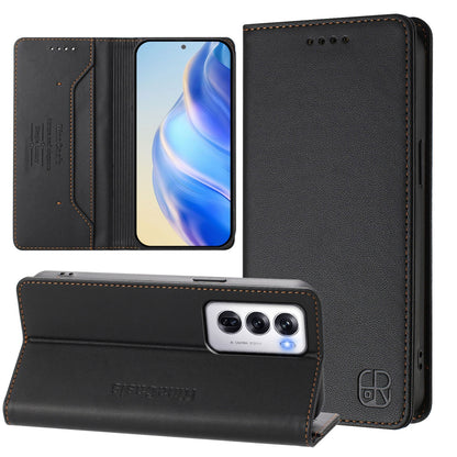 OPPO Reno12 5G Dual-Folded Magnetic Suction RFID Blocking PU Leather Wallet Phone Case with Card Slots, Cash Pocket, Kickstand, Full Protective Flip Cover
