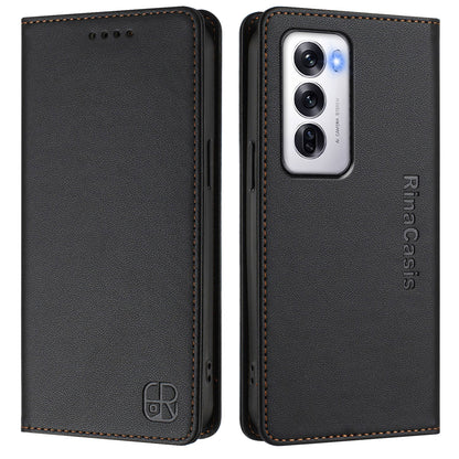 OPPO Reno12 5G Dual-Folded Magnetic Suction RFID Blocking PU Leather Wallet Phone Case with Card Slots, Cash Pocket, Kickstand, Full Protective Flip Cover
