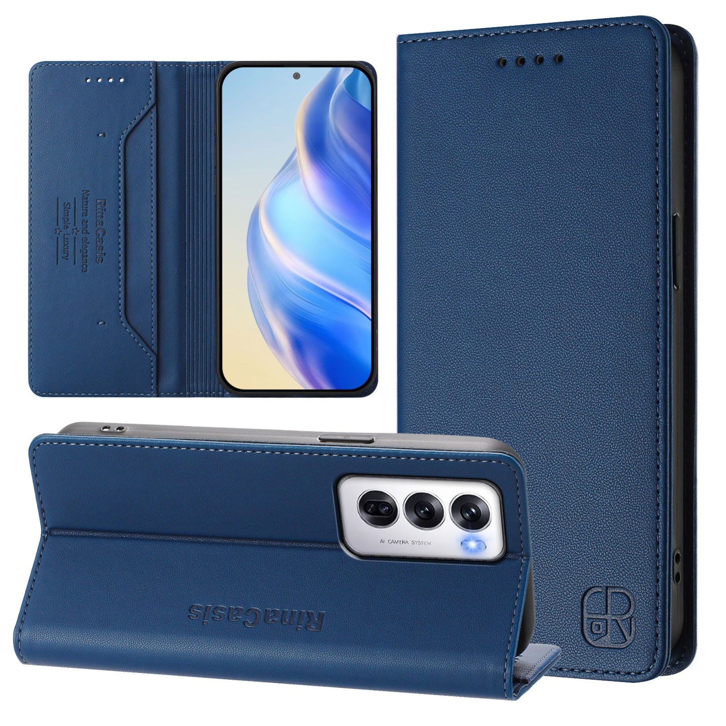 OPPO Reno12 5G Dual-Folded Magnetic Suction RFID Blocking PU Leather Wallet Phone Case with Card Slots, Cash Pocket, Kickstand, Full Protective Flip Cover