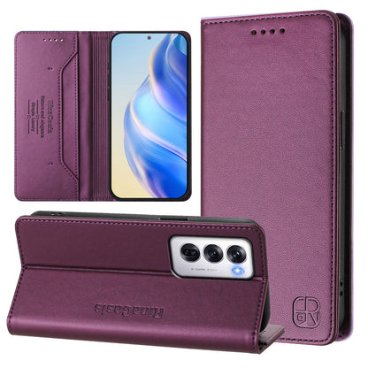 OPPO Reno12 5G Dual-Folded Magnetic Suction RFID Blocking PU Leather Wallet Phone Case with Card Slots, Cash Pocket, Kickstand, Full Protective Flip Cover