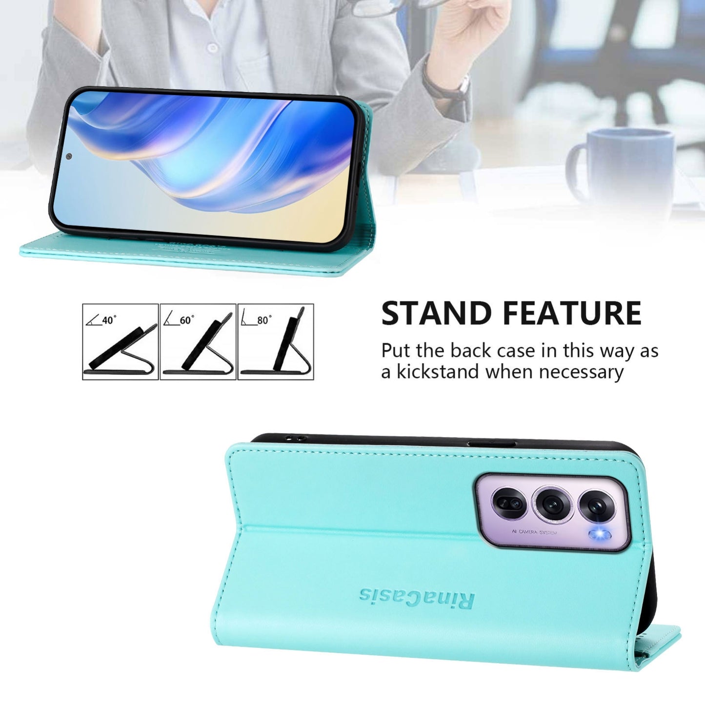 OPPO Reno12 Pro 5G Dual-Folded Magnetic Suction RFID Blocking PU Leather Wallet Phone Case with Card Slots, Cash Pocket, Kickstand, Full Protective Flip Cover