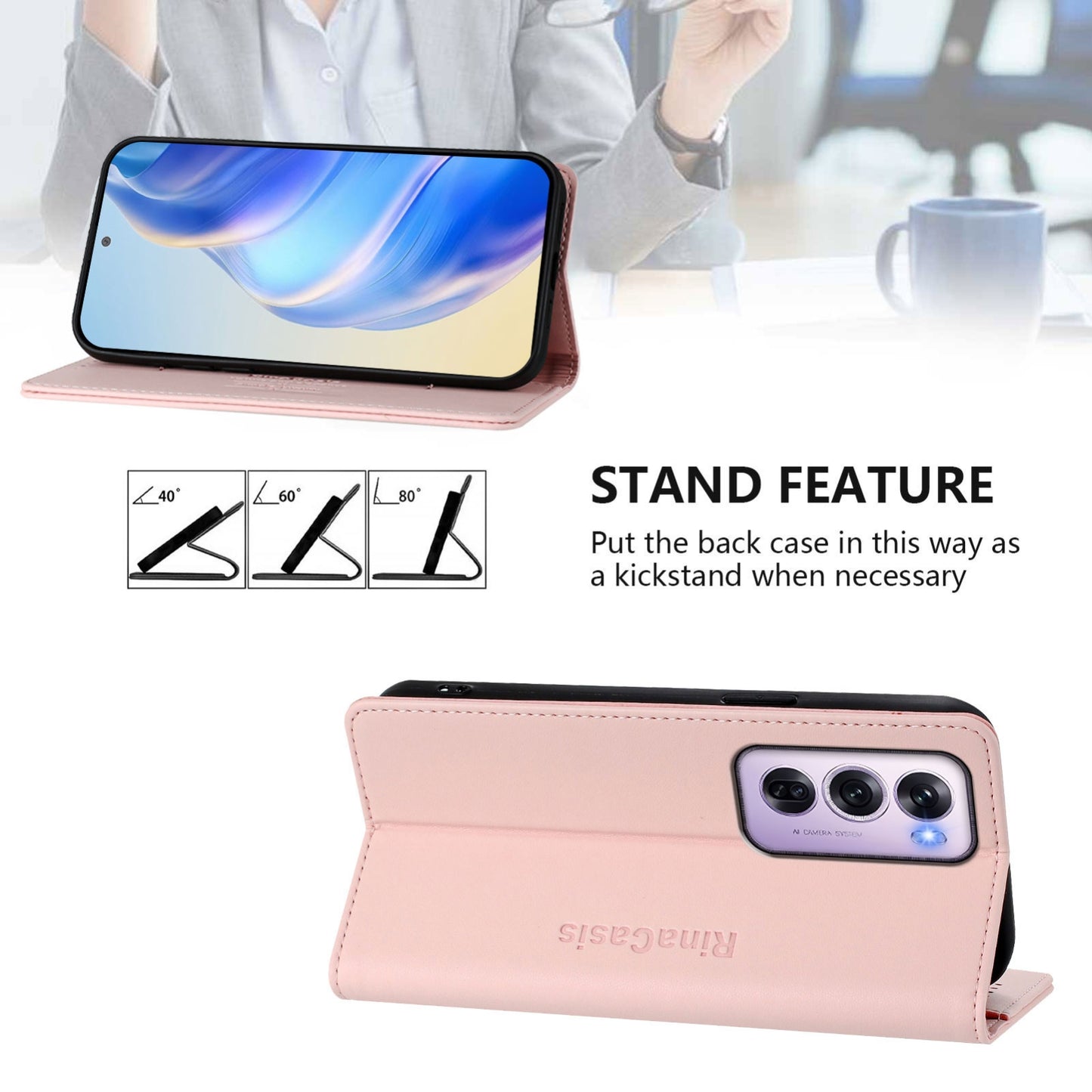 OPPO Reno12 Pro 5G Dual-Folded Magnetic Suction RFID Blocking PU Leather Wallet Phone Case with Card Slots, Cash Pocket, Kickstand, Full Protective Flip Cover