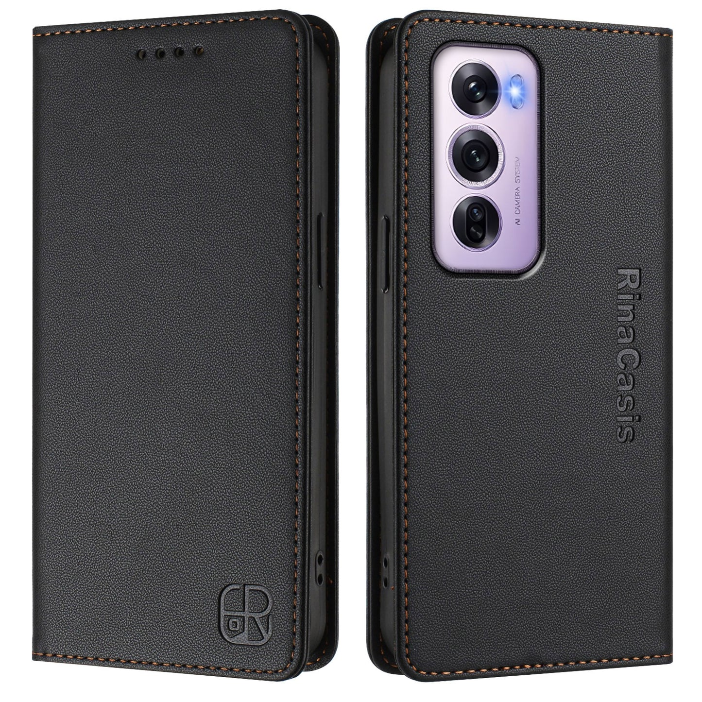 OPPO Reno12 Pro 5G Dual-Folded Magnetic Suction RFID Blocking PU Leather Wallet Phone Case with Card Slots, Cash Pocket, Kickstand, Full Protective Flip Cover