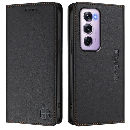 OPPO Reno12 Pro 5G Dual-Folded Magnetic Suction RFID Blocking PU Leather Wallet Phone Case with Card Slots, Cash Pocket, Kickstand, Full Protective Flip Cover