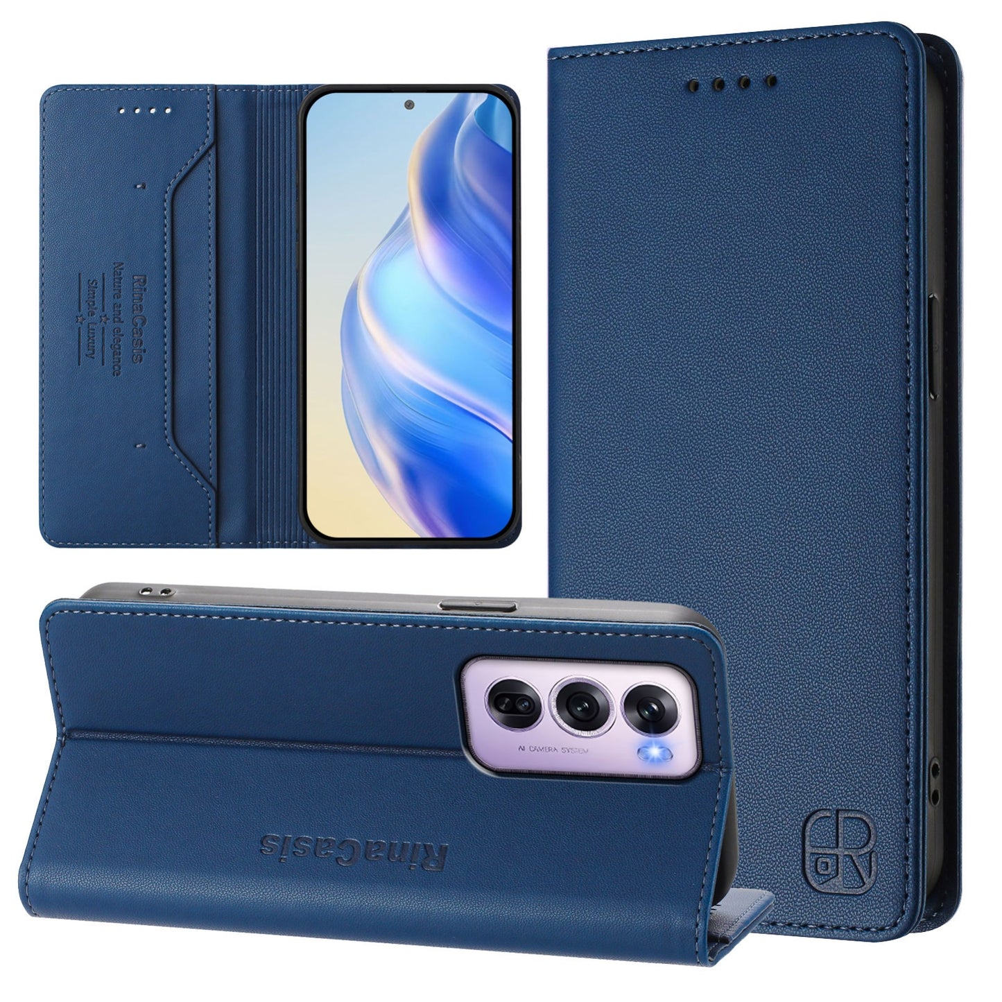 OPPO Reno12 Pro 5G Dual-Folded Magnetic Suction RFID Blocking PU Leather Wallet Phone Case with Card Slots, Cash Pocket, Kickstand, Full Protective Flip Cover