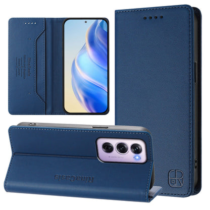 OPPO Reno12 Pro 5G Dual-Folded Magnetic Suction RFID Blocking PU Leather Wallet Phone Case with Card Slots, Cash Pocket, Kickstand, Full Protective Flip Cover