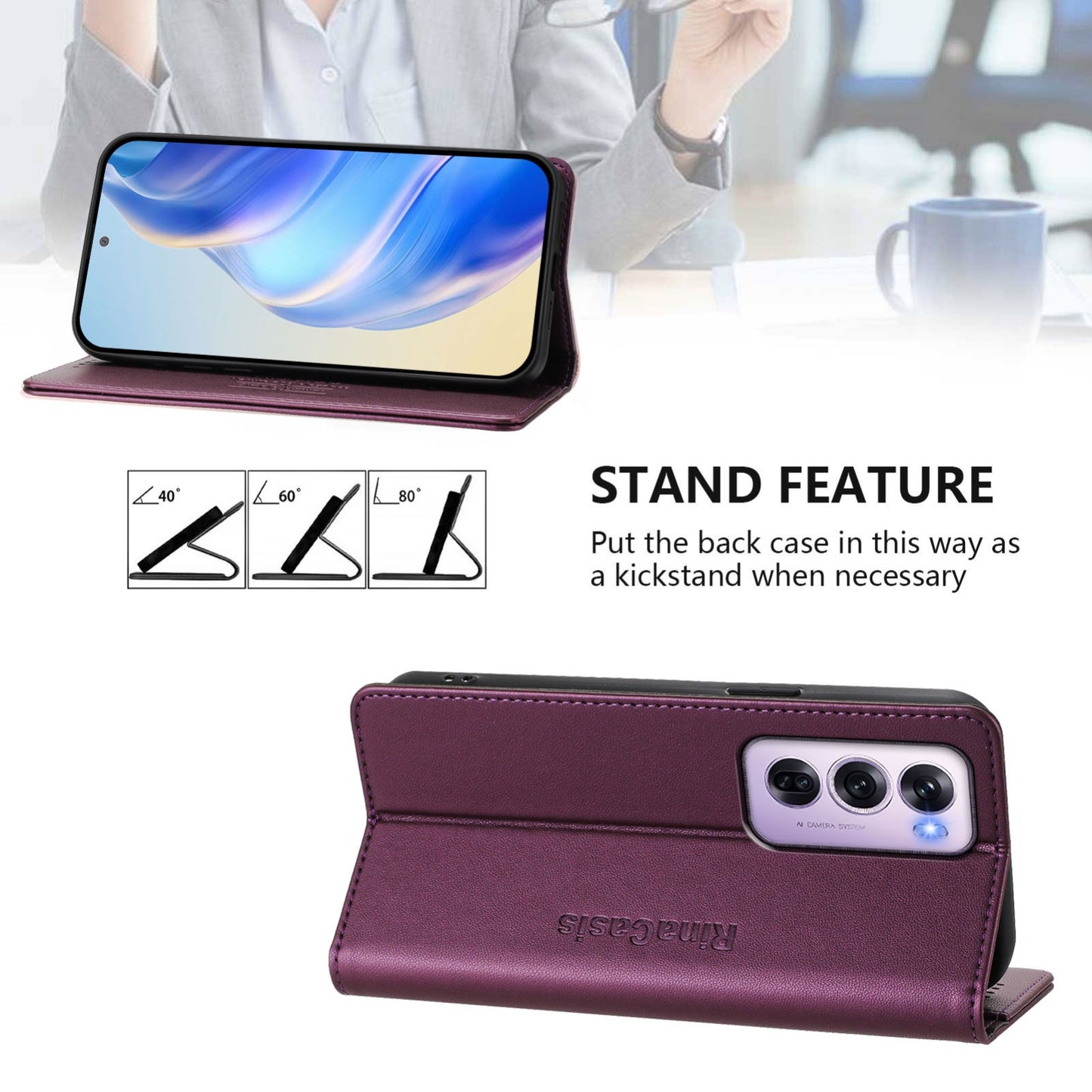 OPPO Reno12 Pro 5G Dual-Folded Magnetic Suction RFID Blocking PU Leather Wallet Phone Case with Card Slots, Cash Pocket, Kickstand, Full Protective Flip Cover