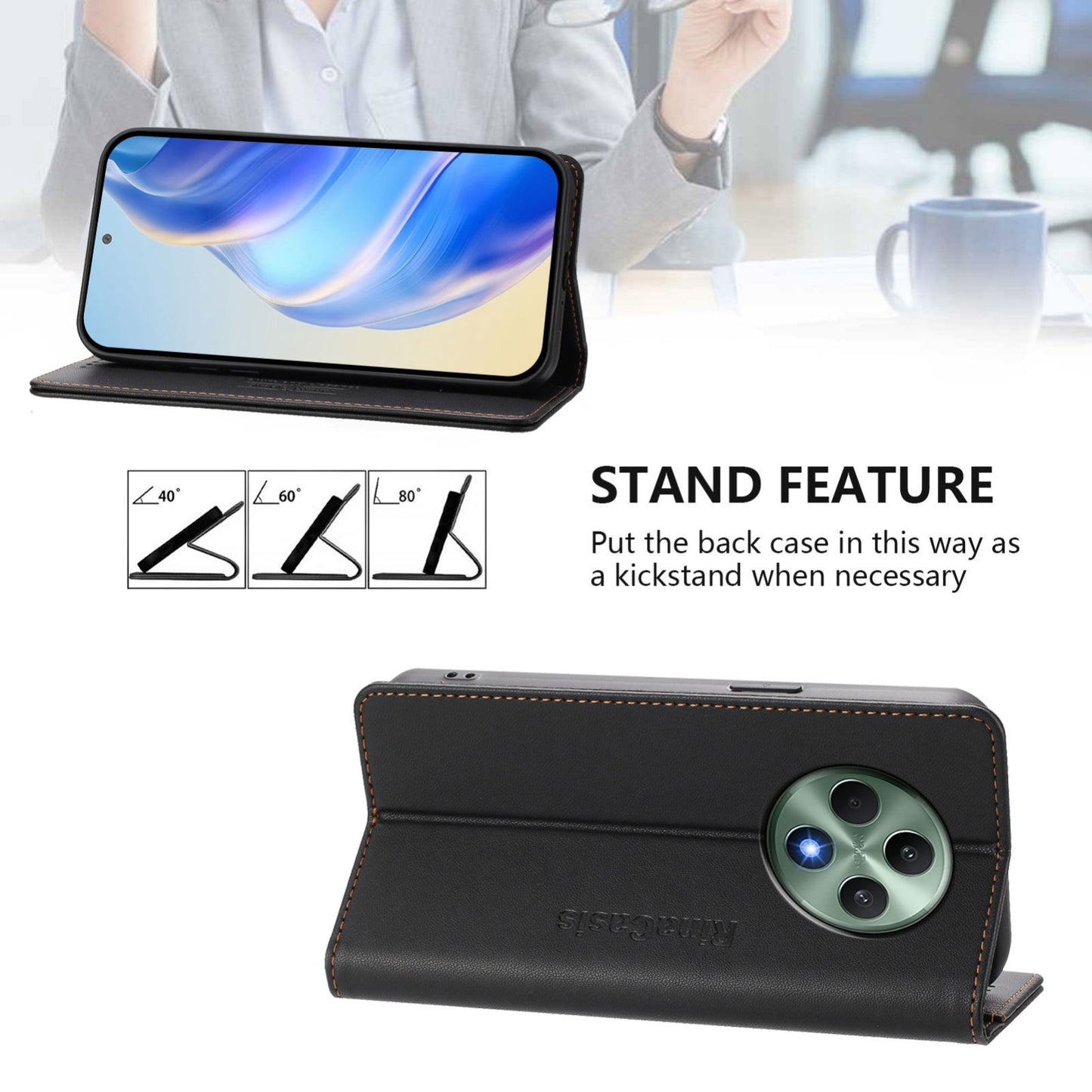 OPPO Reno12 F 4G Dual-Folded Magnetic Suction RFID Blocking PU Leather Wallet Phone Case with Card Slots, Cash Pocket, Kickstand, Full Protective Flip Cover
