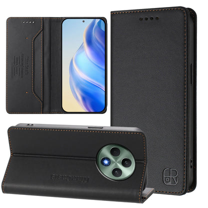OPPO Reno12 F 4G Dual-Folded Magnetic Suction RFID Blocking PU Leather Wallet Phone Case with Card Slots, Cash Pocket, Kickstand, Full Protective Flip Cover