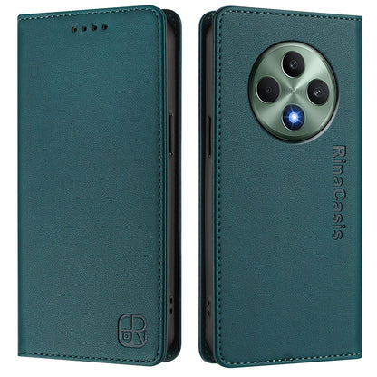 OPPO Reno12 F 5G Dual-Folded Magnetic Suction RFID Blocking PU Leather Wallet Phone Case with Card Slots, Cash Pocket, Kickstand, Full Protective Flip Cover