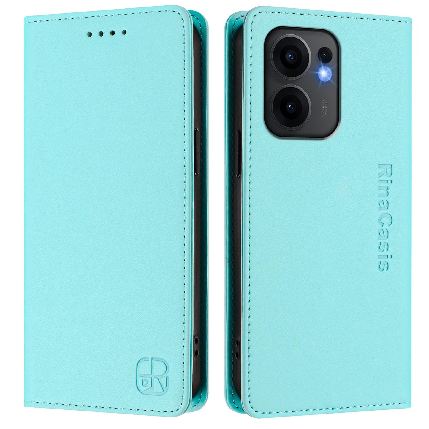 OPPO Reno13 F 5G Dual-Folded Magnetic Suction RFID Blocking PU Leather Wallet Phone Case with Card Slots, Cash Pocket, Kickstand, Full Protective Flip Cover