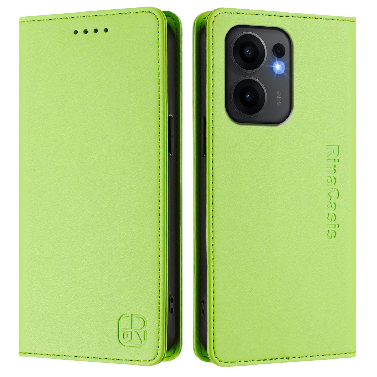 OPPO Reno13 F 5G Dual-Folded Magnetic Suction RFID Blocking PU Leather Wallet Phone Case with Card Slots, Cash Pocket, Kickstand, Full Protective Flip Cover