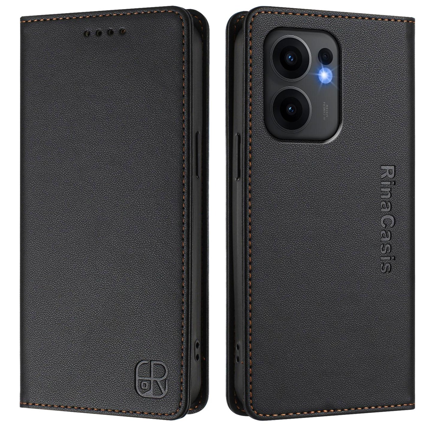 OPPO Reno13 F 5G Dual-Folded Magnetic Suction RFID Blocking PU Leather Wallet Phone Case with Card Slots, Cash Pocket, Kickstand, Full Protective Flip Cover
