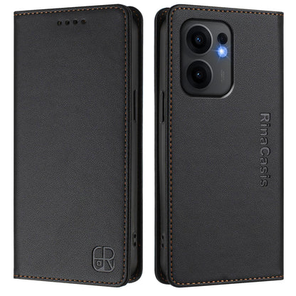 OPPO Reno13 F 5G Dual-Folded Magnetic Suction RFID Blocking PU Leather Wallet Phone Case with Card Slots, Cash Pocket, Kickstand, Full Protective Flip Cover