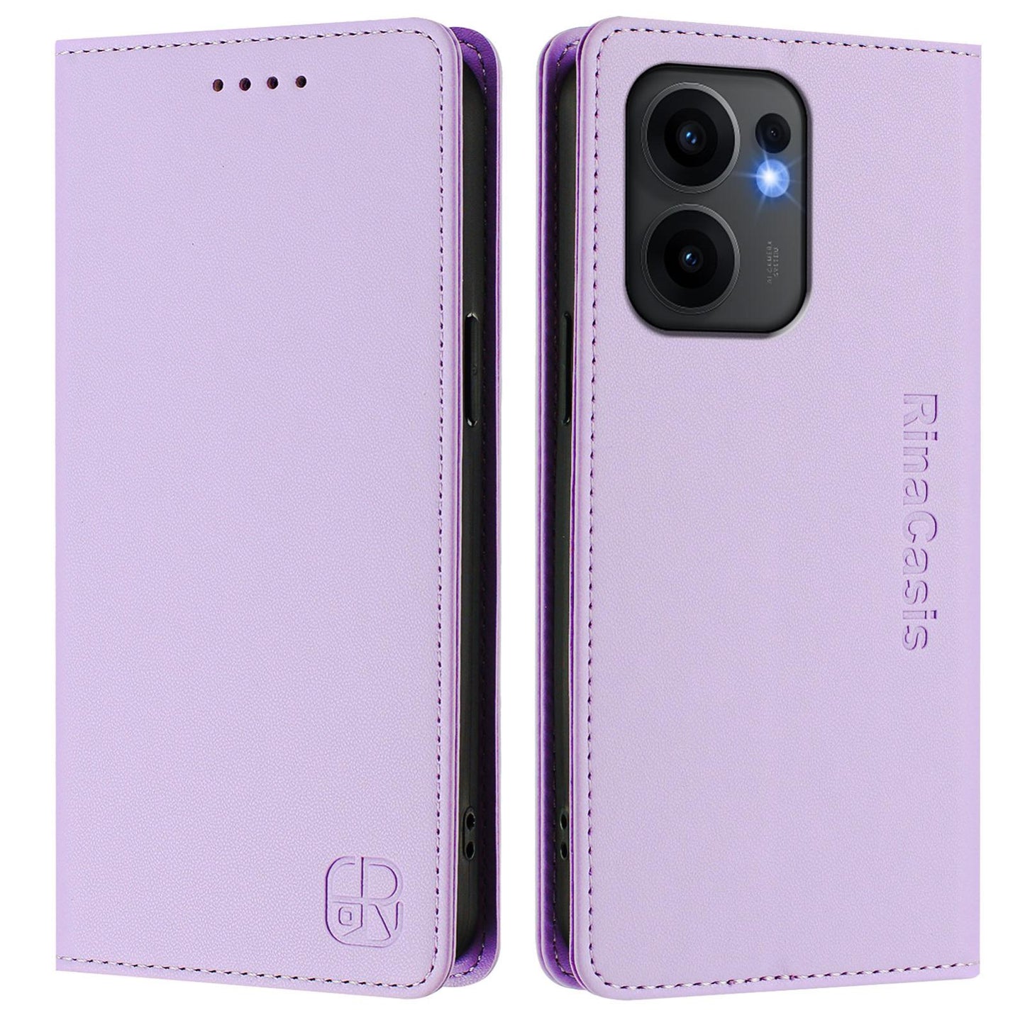 OPPO Reno13 F 5G Dual-Folded Magnetic Suction RFID Blocking PU Leather Wallet Phone Case with Card Slots, Cash Pocket, Kickstand, Full Protective Flip Cover