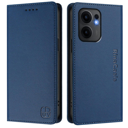 OPPO Reno13 F 5G Dual-Folded Magnetic Suction RFID Blocking PU Leather Wallet Phone Case with Card Slots, Cash Pocket, Kickstand, Full Protective Flip Cover