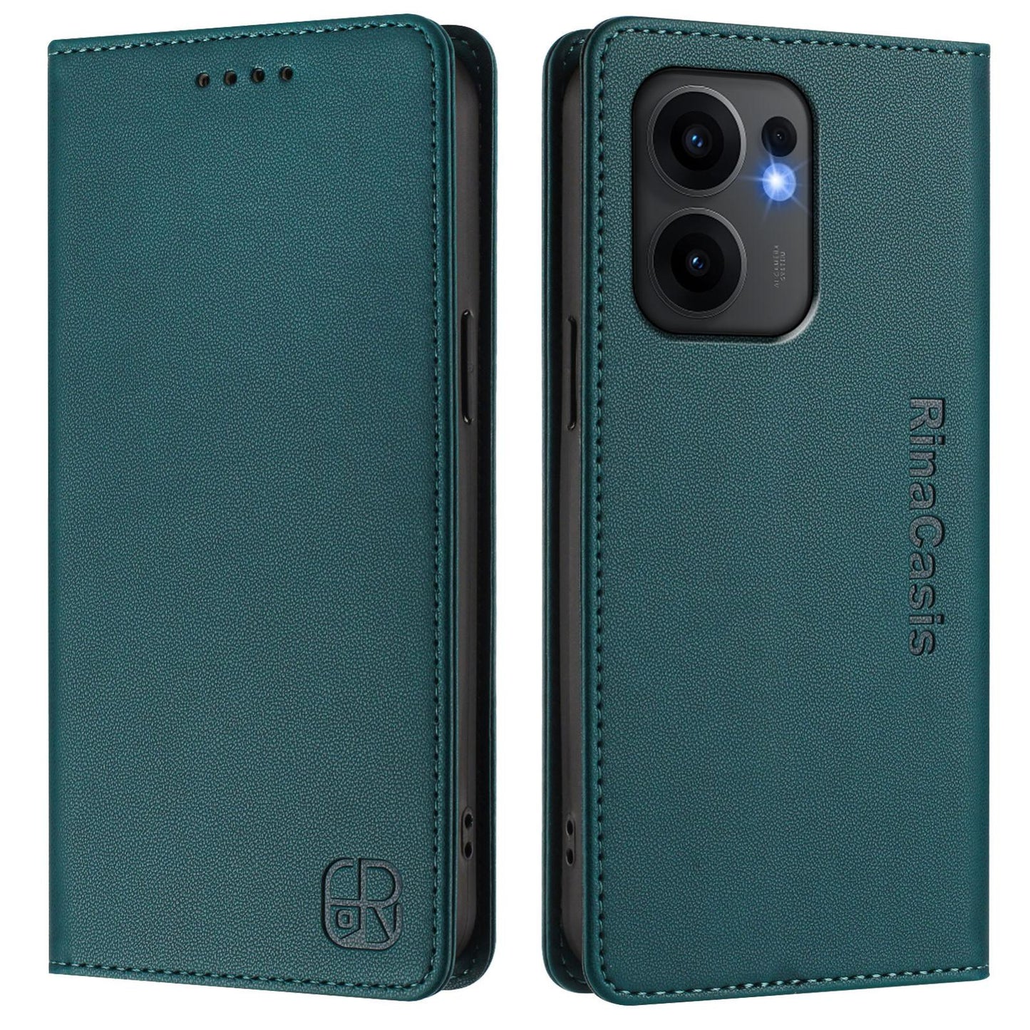 OPPO Reno13 F 5G Dual-Folded Magnetic Suction RFID Blocking PU Leather Wallet Phone Case with Card Slots, Cash Pocket, Kickstand, Full Protective Flip Cover