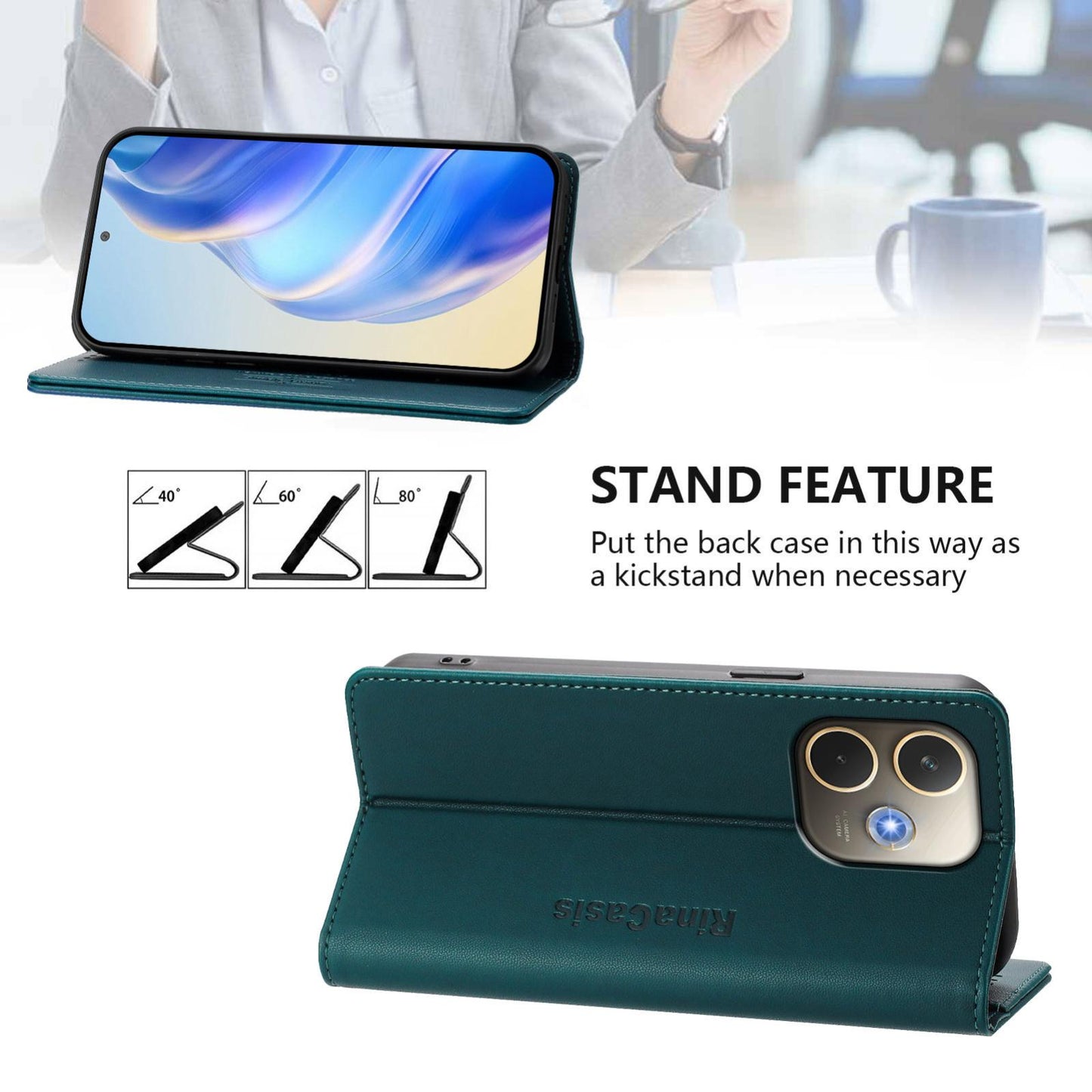 OPPO A5 Pro 5G Dual-Folded Magnetic Suction RFID Blocking PU Leather Wallet Phone Case with Card Slots, Cash Pocket, Kickstand, Full Protective Flip Cover