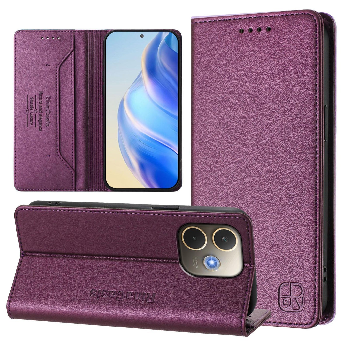 OPPO A5 Pro 5G Dual-Folded Magnetic Suction RFID Blocking PU Leather Wallet Phone Case with Card Slots, Cash Pocket, Kickstand, Full Protective Flip Cover