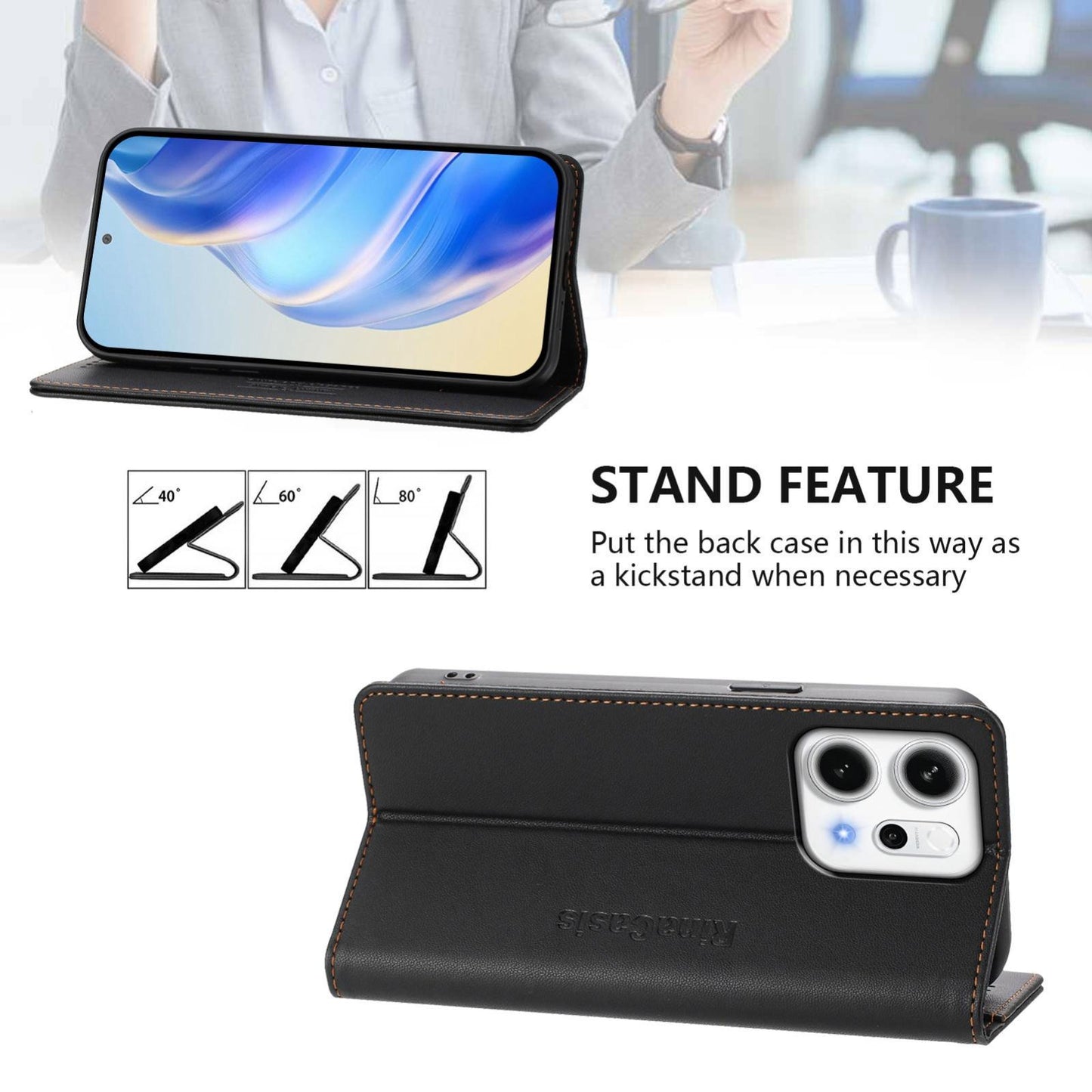 OPPO Reno14 5G Dual-Folded Magnetic Suction RFID Blocking PU Leather Wallet Phone Case with Card Slots, Cash Pocket, Kickstand, Full Protective Flip Cover
