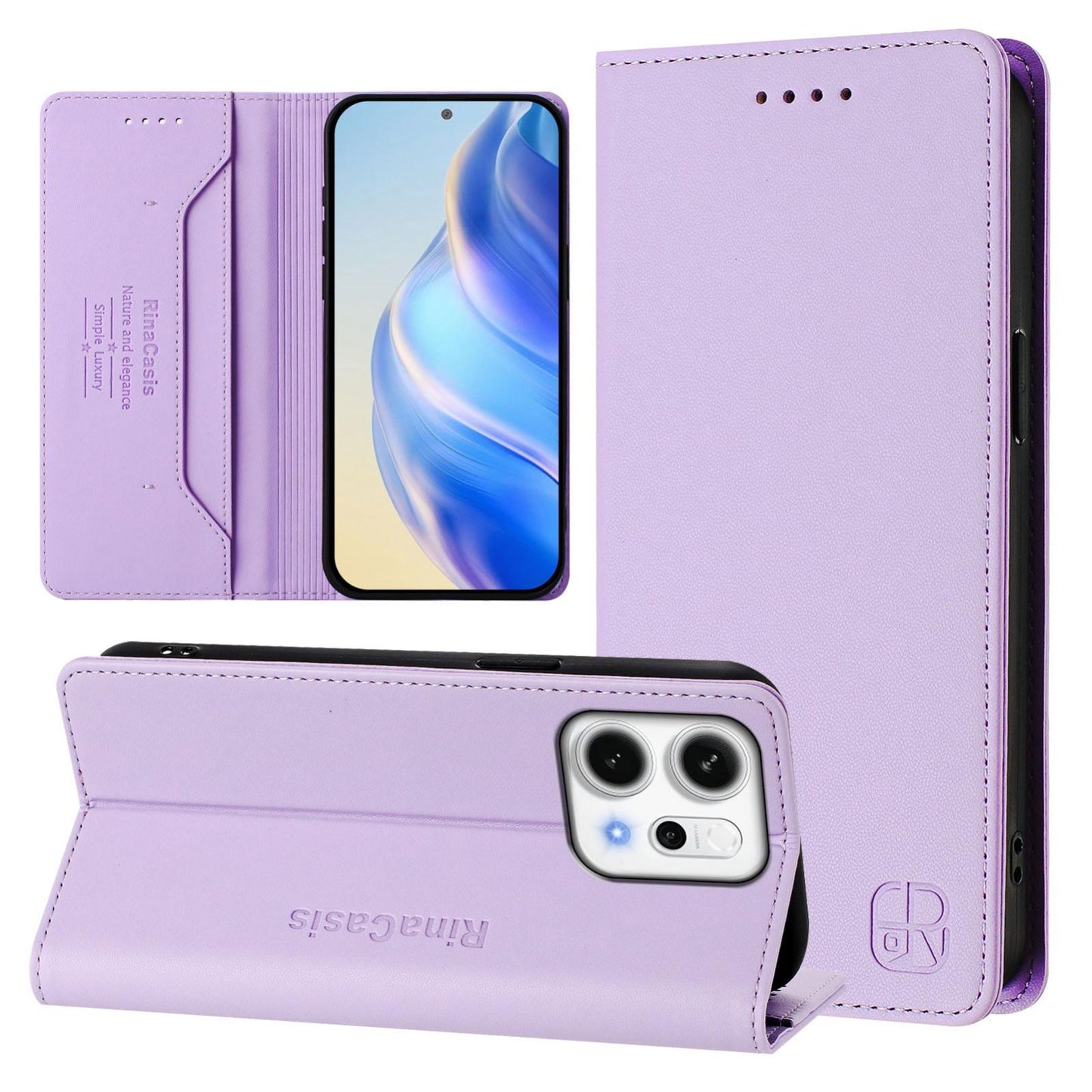 OPPO Reno14 5G Dual-Folded Magnetic Suction RFID Blocking PU Leather Wallet Phone Case with Card Slots, Cash Pocket, Kickstand, Full Protective Flip Cover
