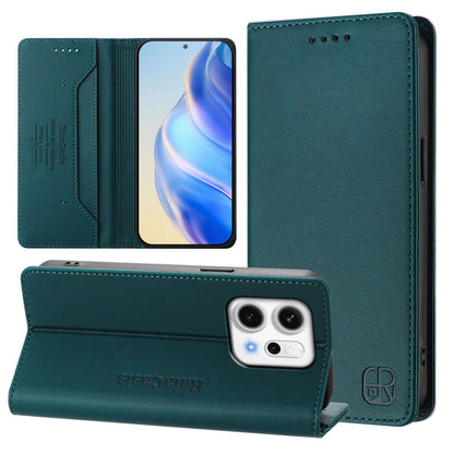 OPPO Reno14 5G Dual-Folded Magnetic Suction RFID Blocking PU Leather Wallet Phone Case with Card Slots, Cash Pocket, Kickstand, Full Protective Flip Cover