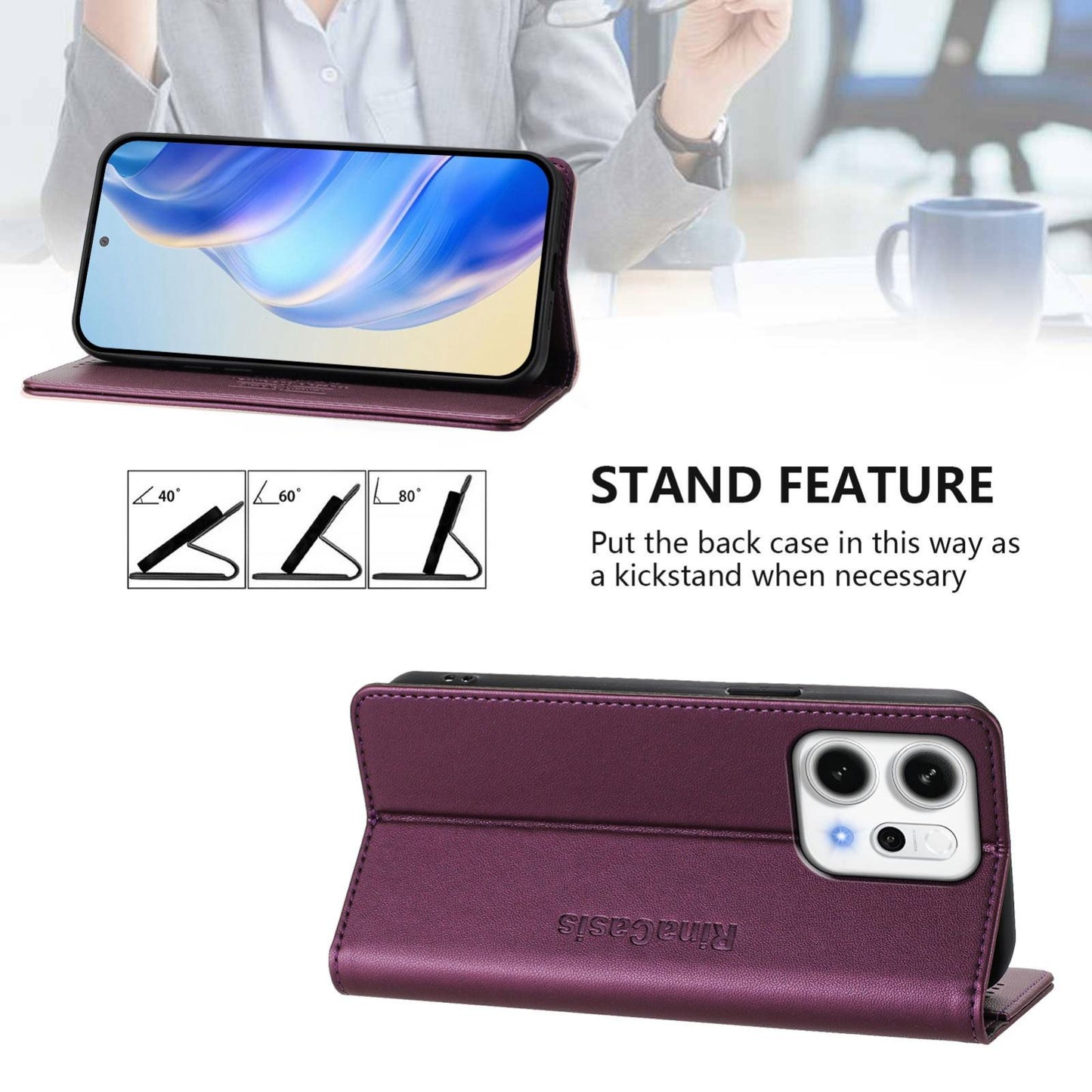 OPPO Reno14 5G Dual-Folded Magnetic Suction RFID Blocking PU Leather Wallet Phone Case with Card Slots, Cash Pocket, Kickstand, Full Protective Flip Cover